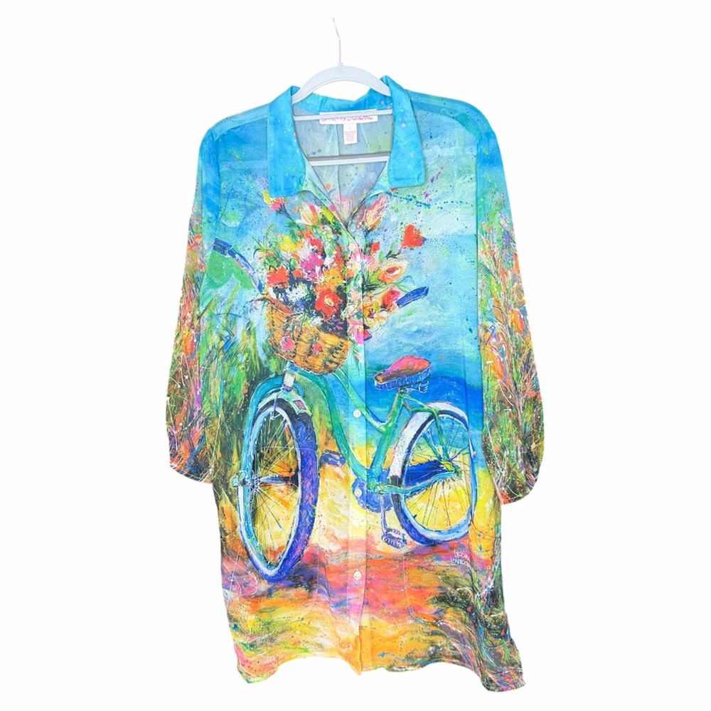 Leoma Lovegrove Colorful Bicycle Print Button-Up Shirt Turquoise & Multicolor